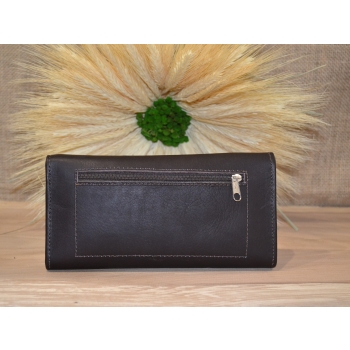 Portfel duży skórzany ciemnobrązowy z etnicznym kolorowym haftem .